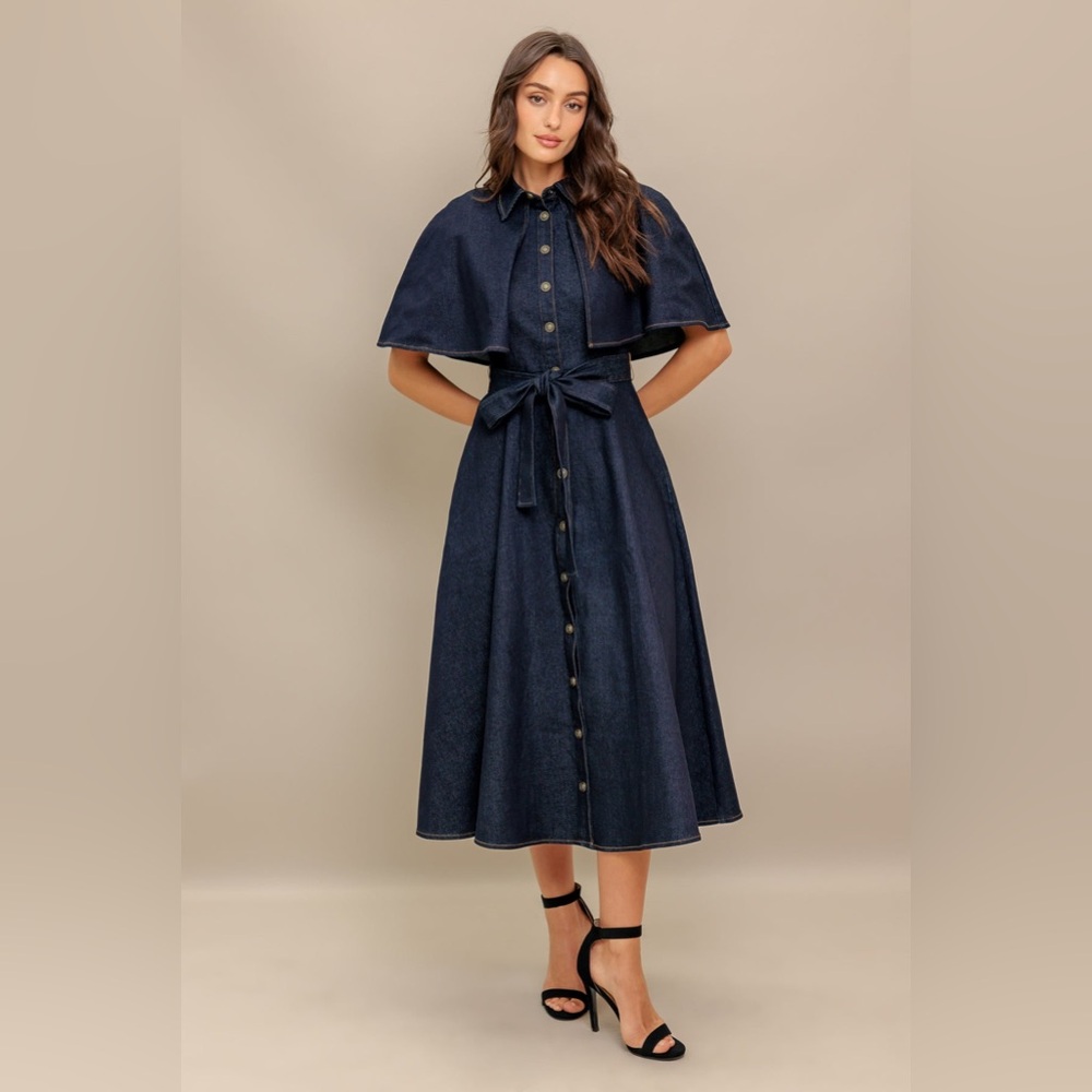 Stylish Navy Button-Up Cape Dress - Picture 6 of 10